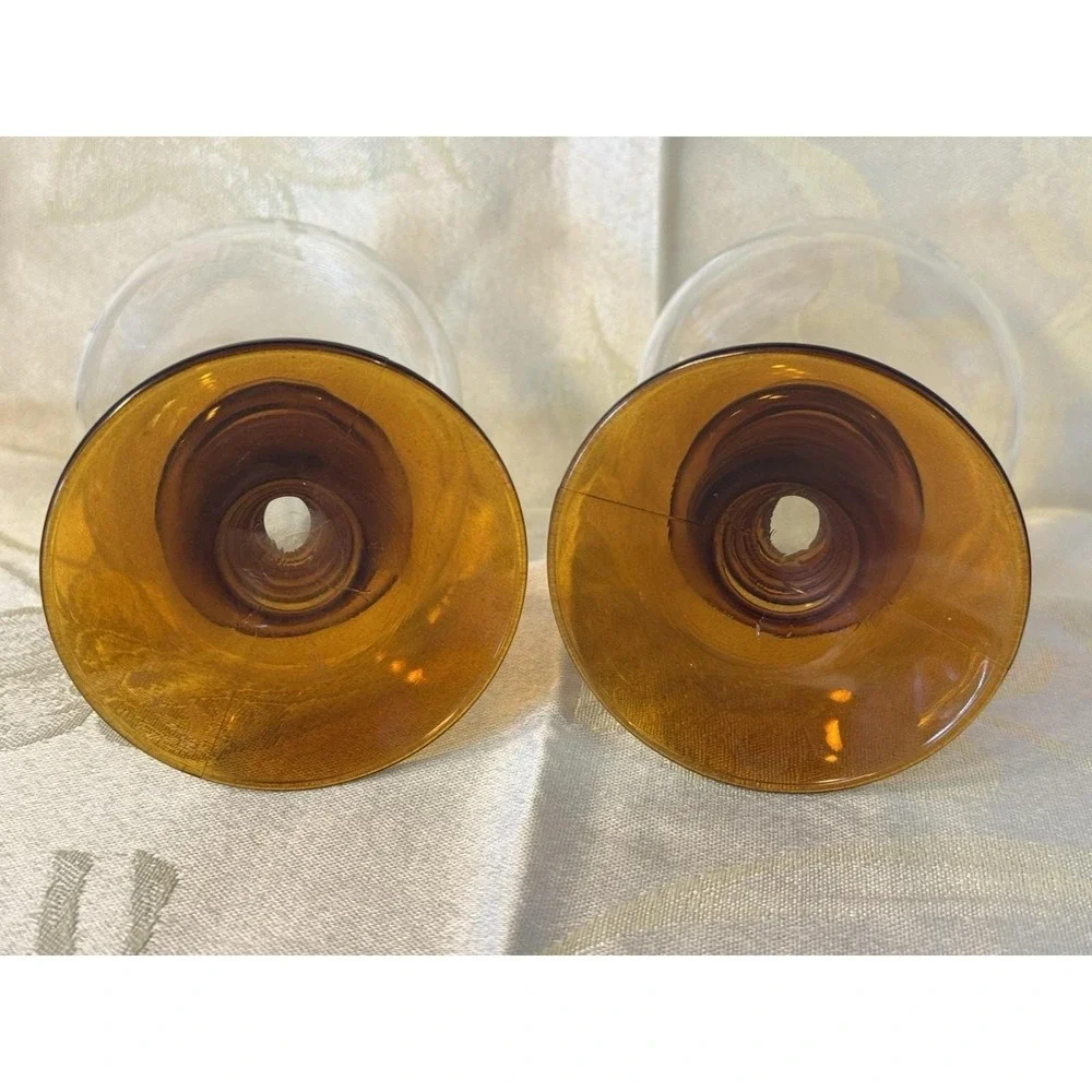German Roemer Wine Glasses Etched Grape Leaves Amber Beehive Stem Set of 2